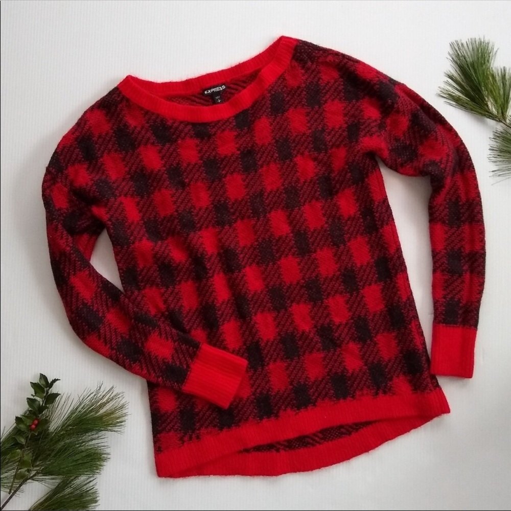 Express Women's Red Plaid Crew Neck Sweater